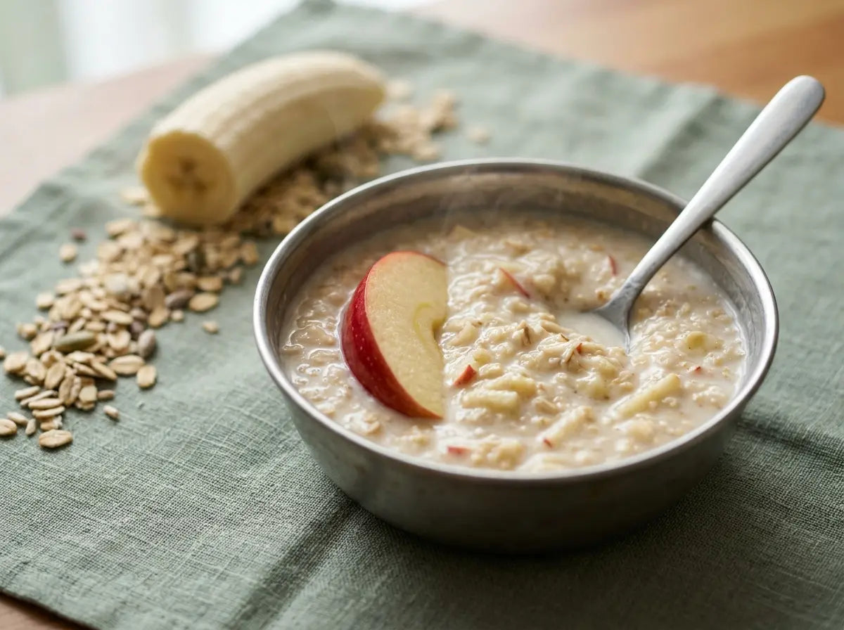 Apple, oats & banana first porridge — the gentle handoff from milk-only (6–12 months)