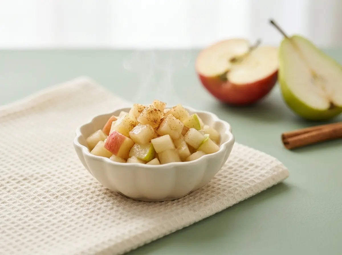 Steamed apple & pear soft cubes — first self-feed fruit for the baby who clamps shut (8–12 months)