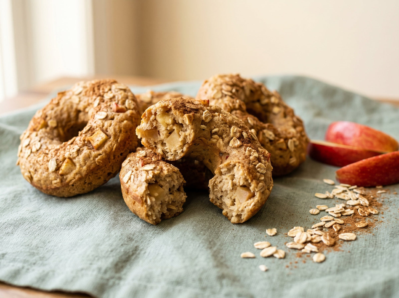 Baked apple-oat donuts — the “treat” shape with no fried dough or sugar (2–5 years)