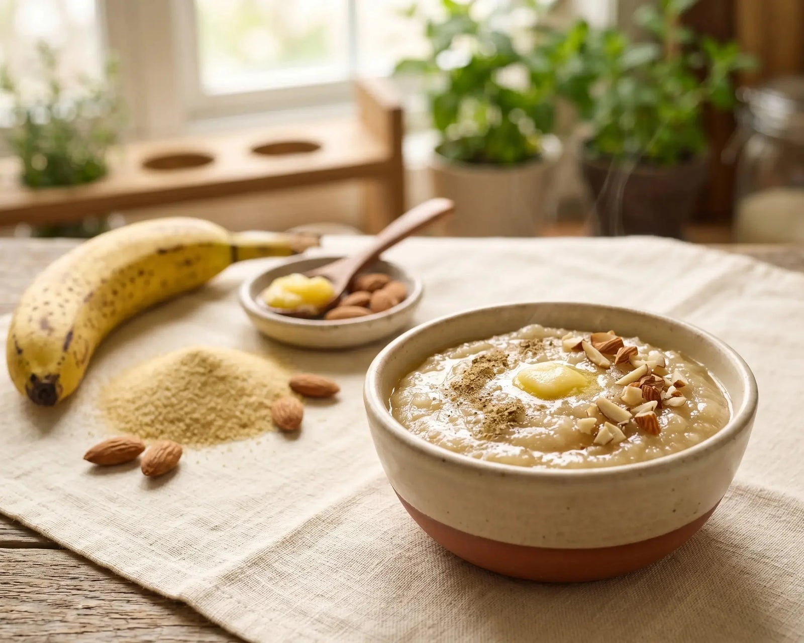 Banana & almond sheera in ghee — a warm bowl for healthy weight gain (1–2 years)