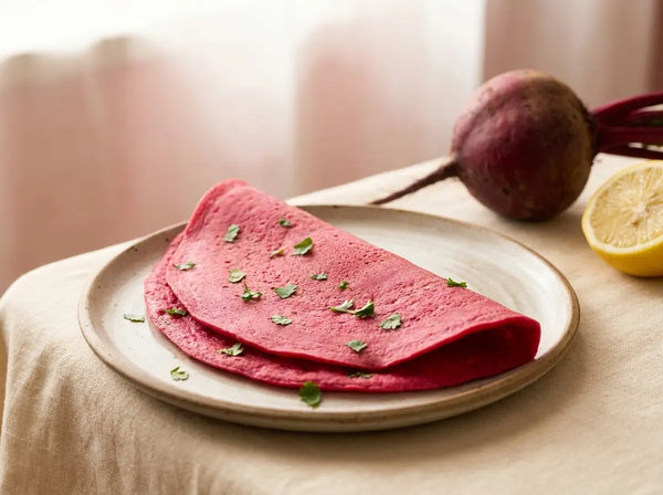 Beetroot besan cheela — a pink, iron-rich savoury breakfast children reach for (2–5 years)