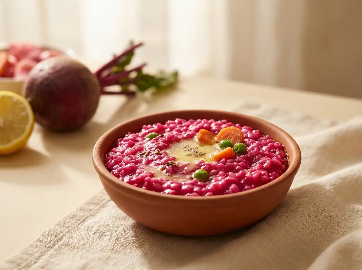 Pink beetroot-moong khichdi — a one-pot of jewel colour, iron and easy protein (2–5 years)