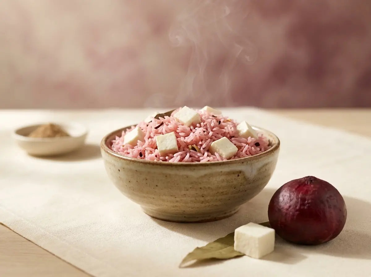 Beetroot & paneer soft pulao — a pink brain-and-growth bowl (1–2 years)