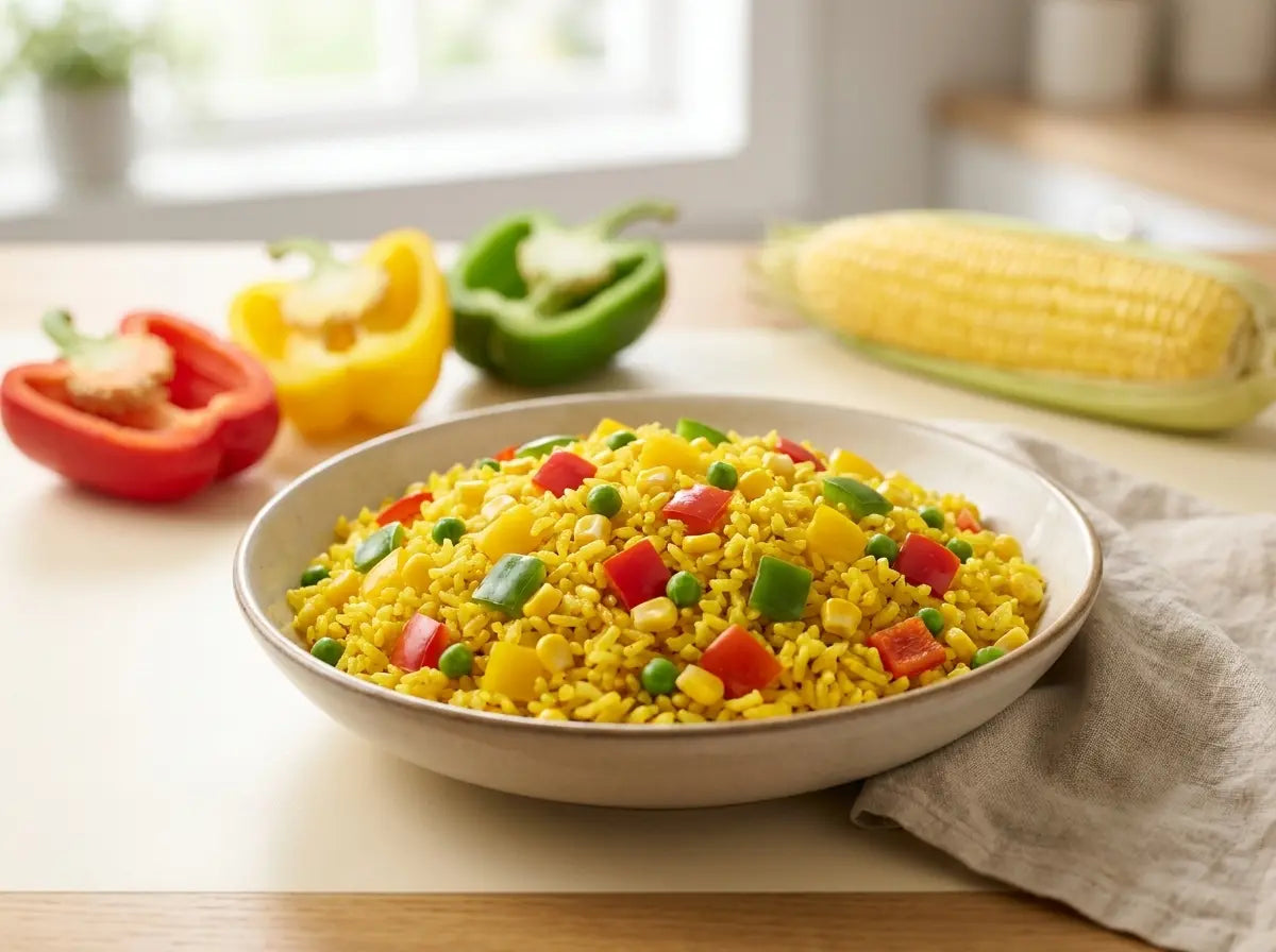 Three-pepper & corn tehri — a confetti-bright turmeric rice that makes immunity colourful (2–5 years)