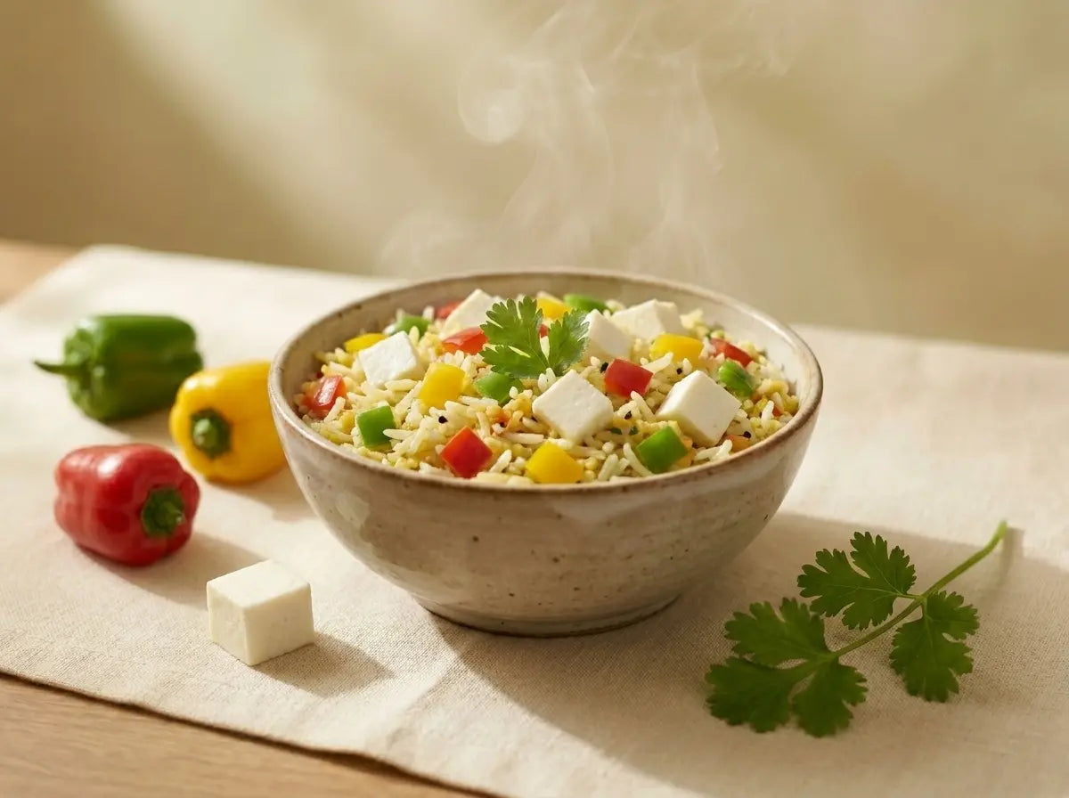 Capsicum & paneer soft pulao — a bright vitamin-C immunity bowl (2–5 years)