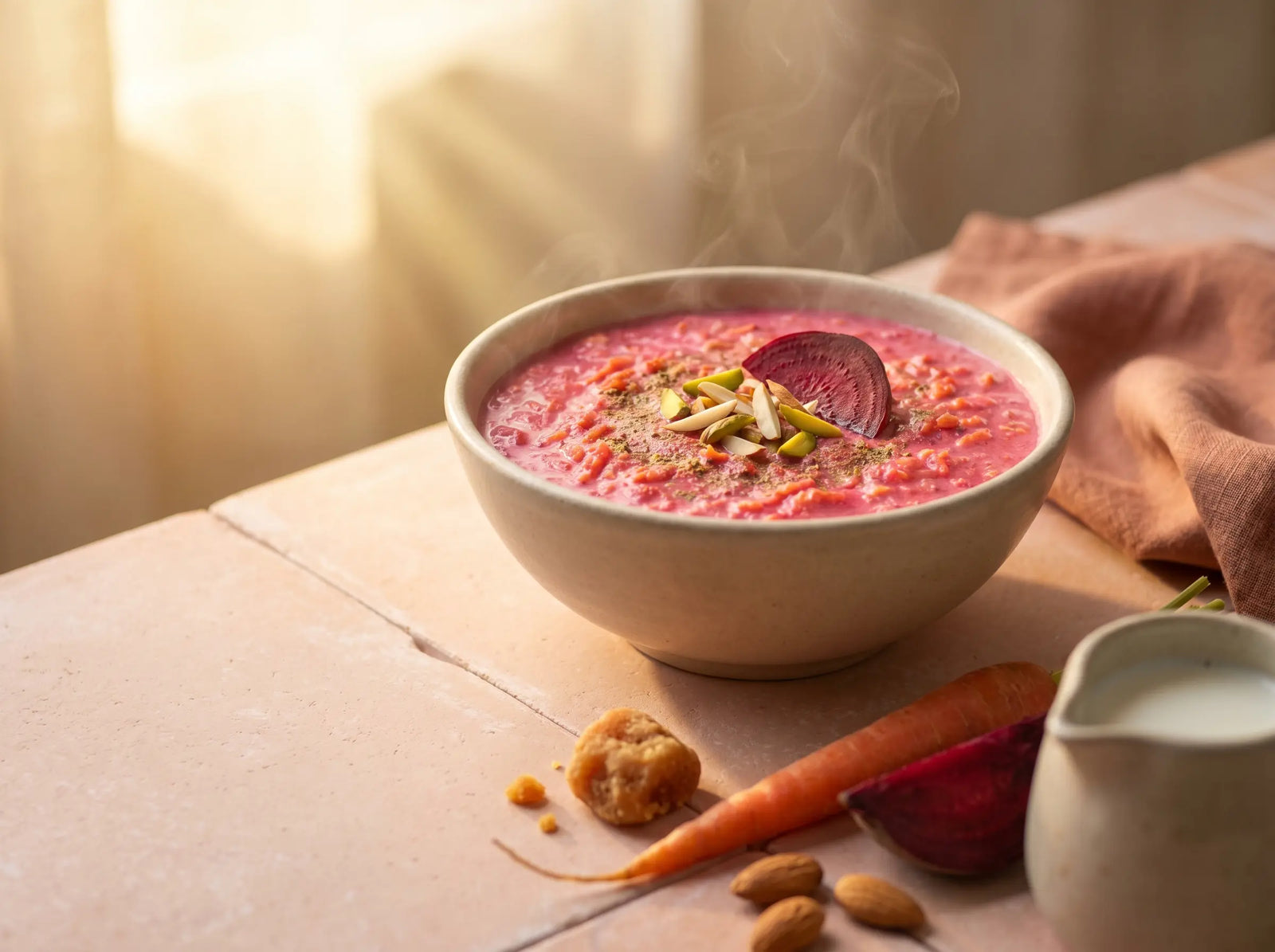 Carrot-beetroot kheer — vegetables arriving as a sweet treat (2–5 years)