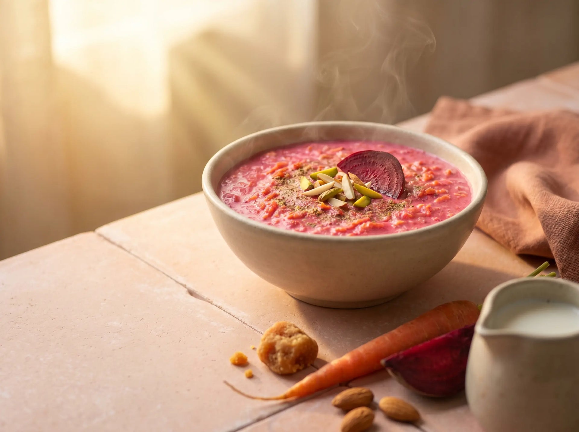 Carrot-beetroot kheer — vegetables arriving as a sweet treat (2–5 years)