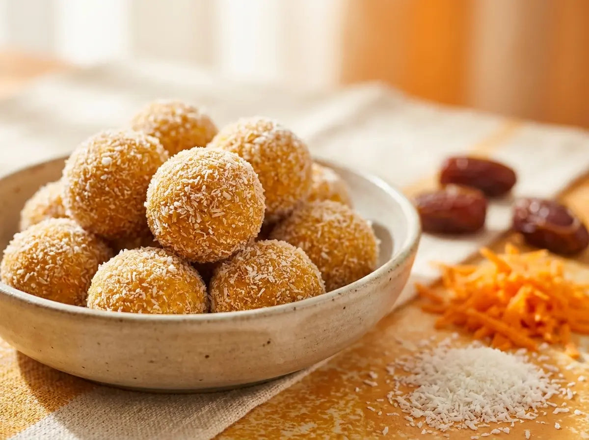 Carrot-coconut ladoo — a sunny no-sugar ladoo carrying a day's vitamin A (2–5 years)