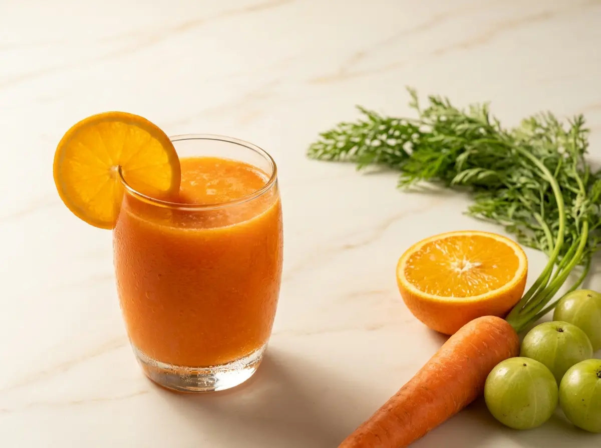 Carrot-orange-amla juice — a sunrise-orange glass loaded with the season's vitamin C (2–5 years)