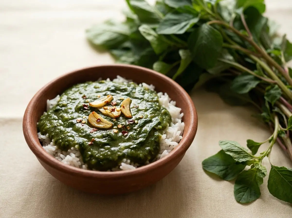 Chaulai (amaranth-greens) dal with rice — a deep-green bowl for bones and blood (2–5 years)