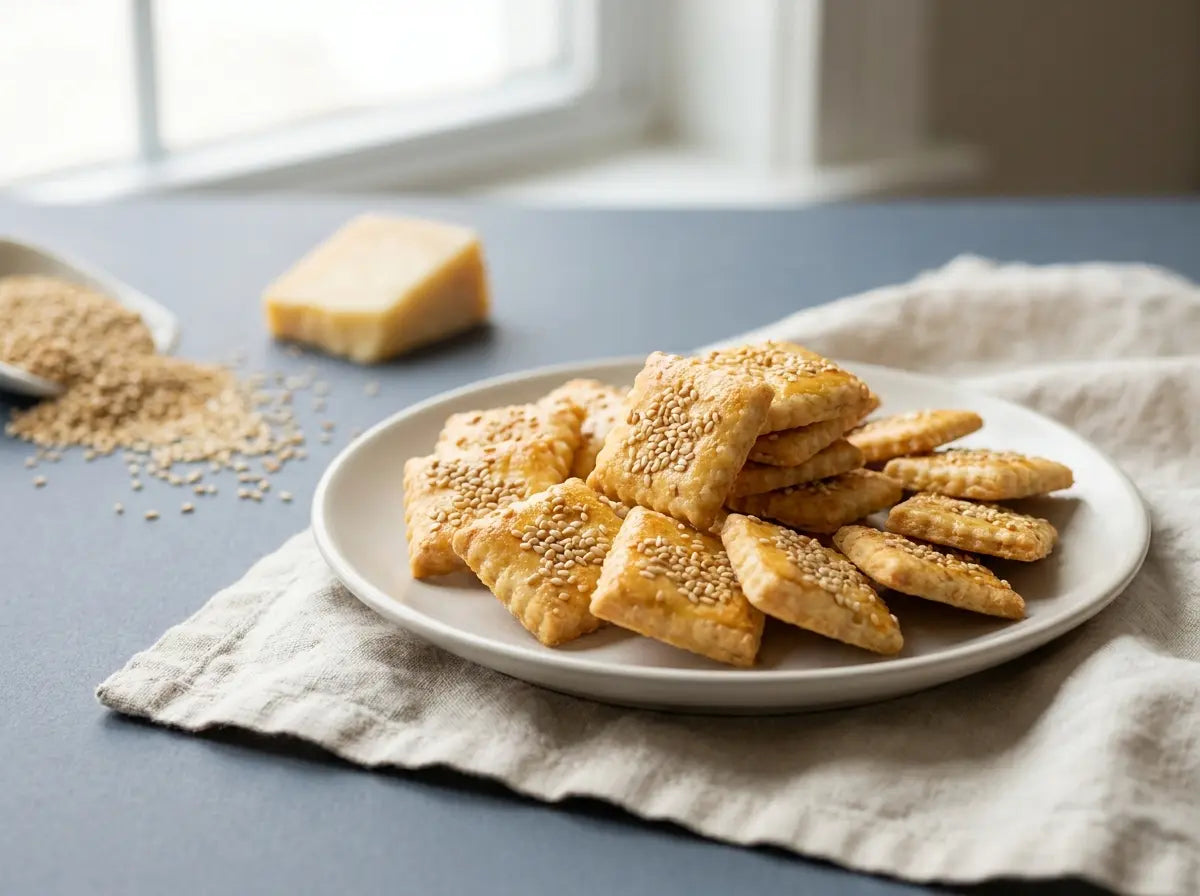 Cheese-sesame crackers — crunchy little squares that stack double calcium for bones (2–5 years)