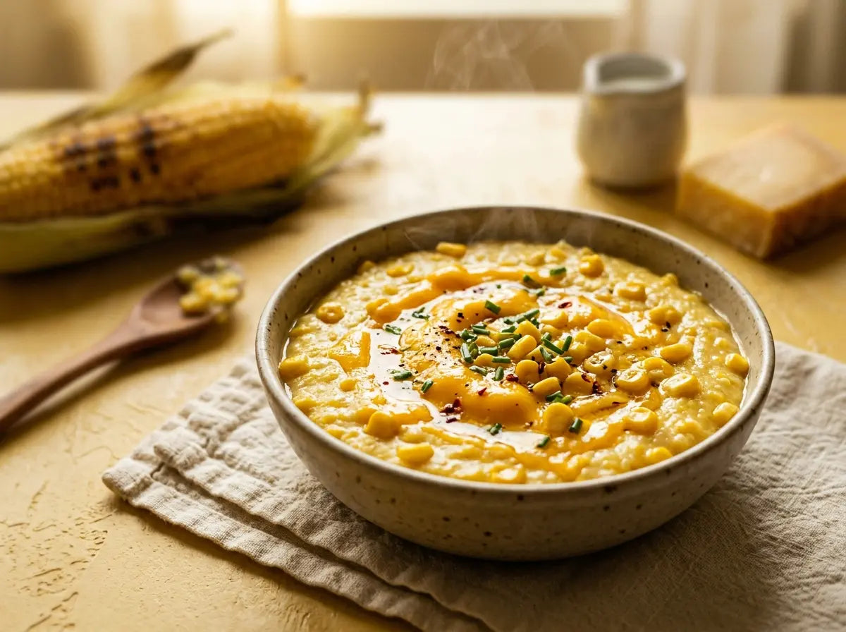 Cheesy corn makai porridge — a golden, creamy bowl that helps a thin eater gain, deliciously (2–5 years)