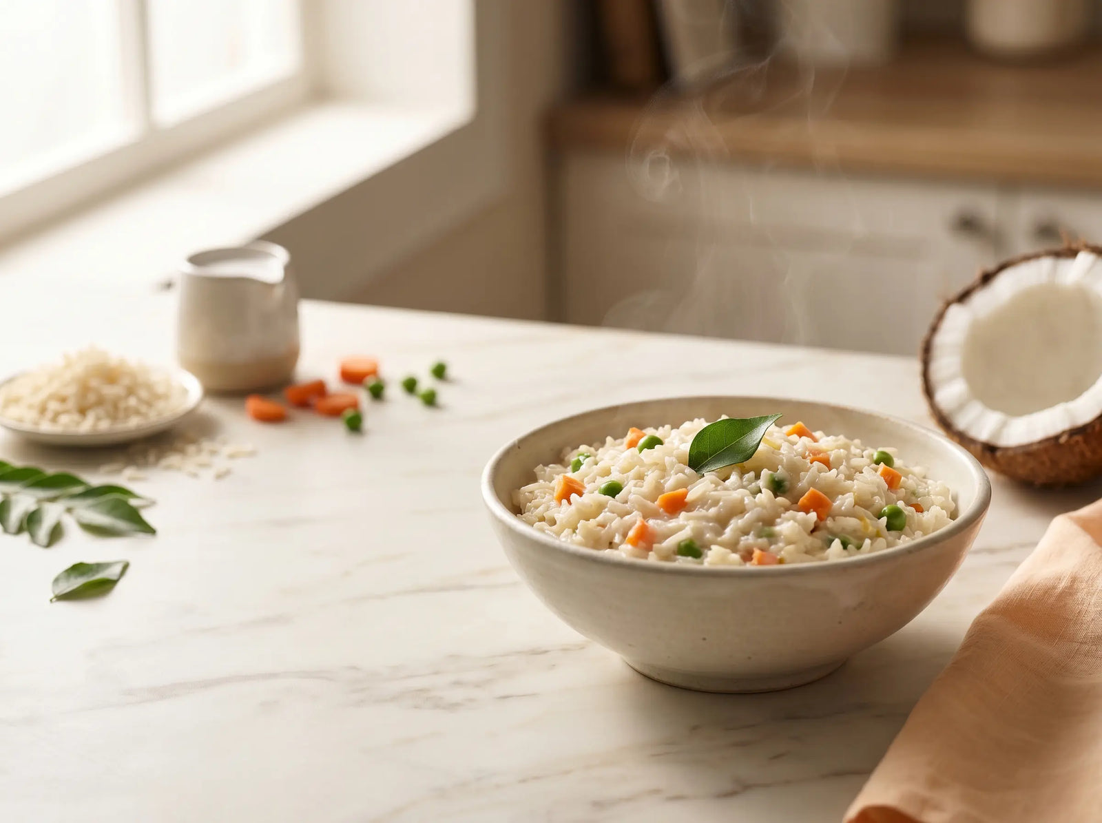 Coconut-milk vegetable rice — a soft, calorie-rich dinner for healthy weight gain (2–5 years)