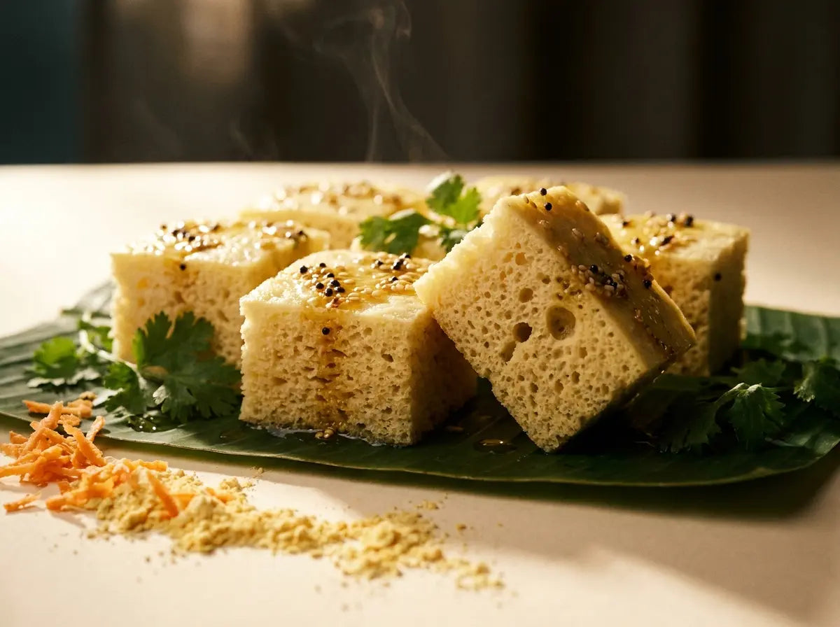 Colourful veggie dhokla — winning back the screen-only eater (2–5 years)