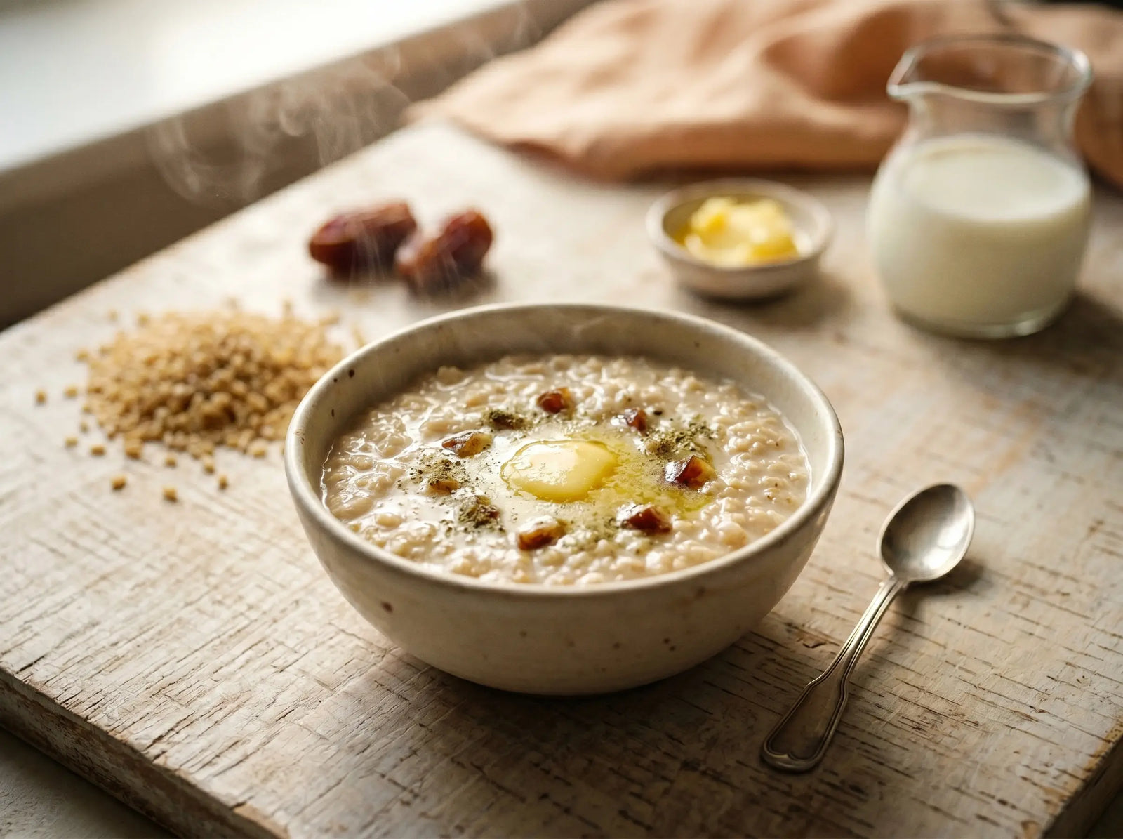 Broken-wheat & milk porridge with dates and ghee — a gentle weight-gain breakfast (6–12 months)