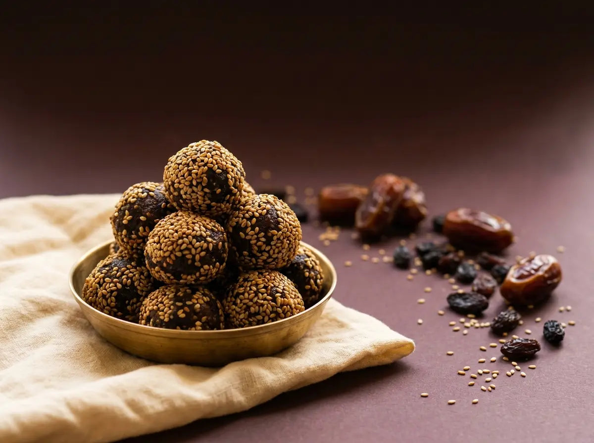 Date-raisin-sesame iron ladoo — a no-sugar ladoo built entirely around iron (2–5 years)