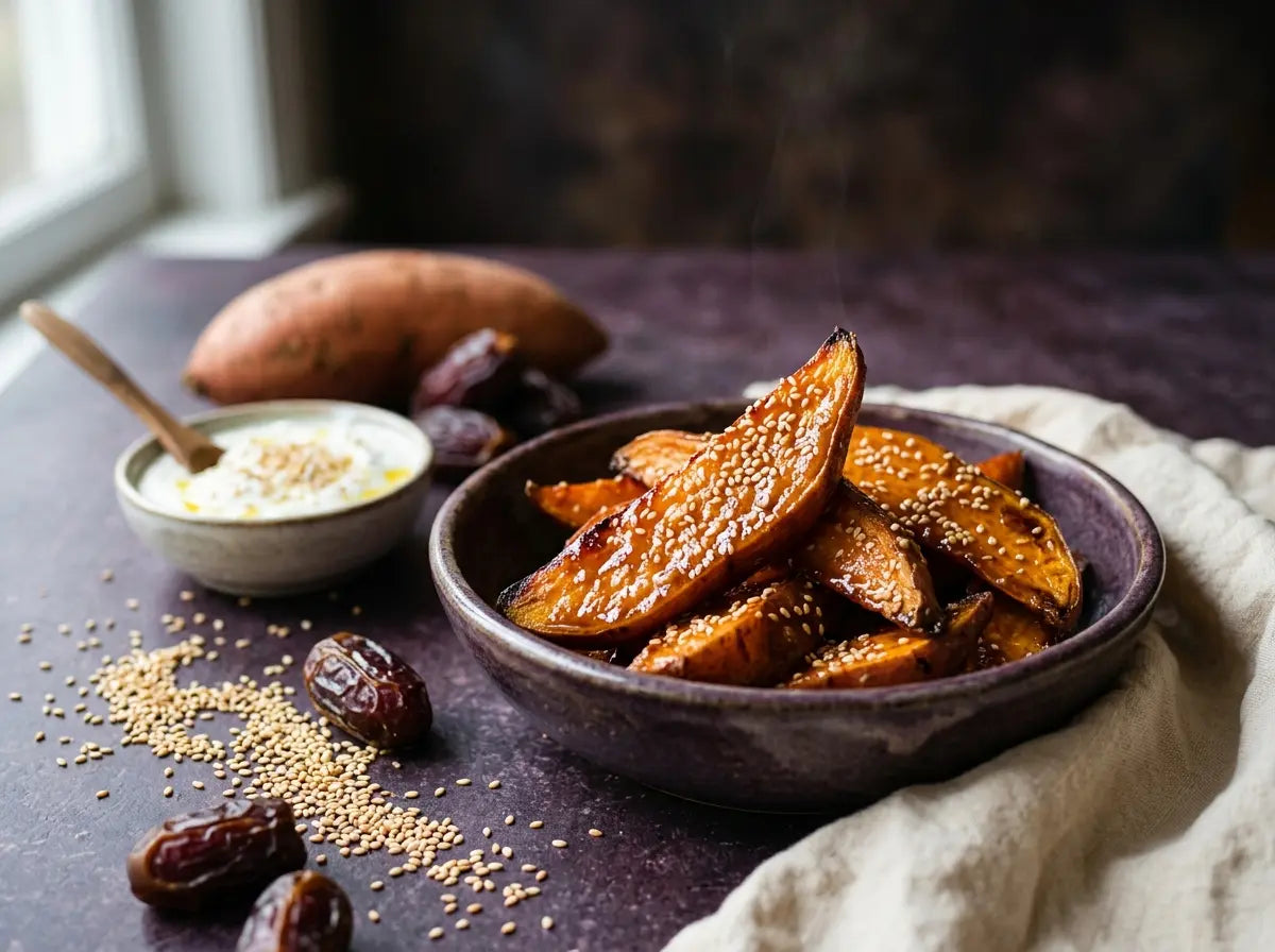 Date-sesame sweet potato wedges — sticky-sweet orange wedges that sneak in iron and calcium (2–5 years)