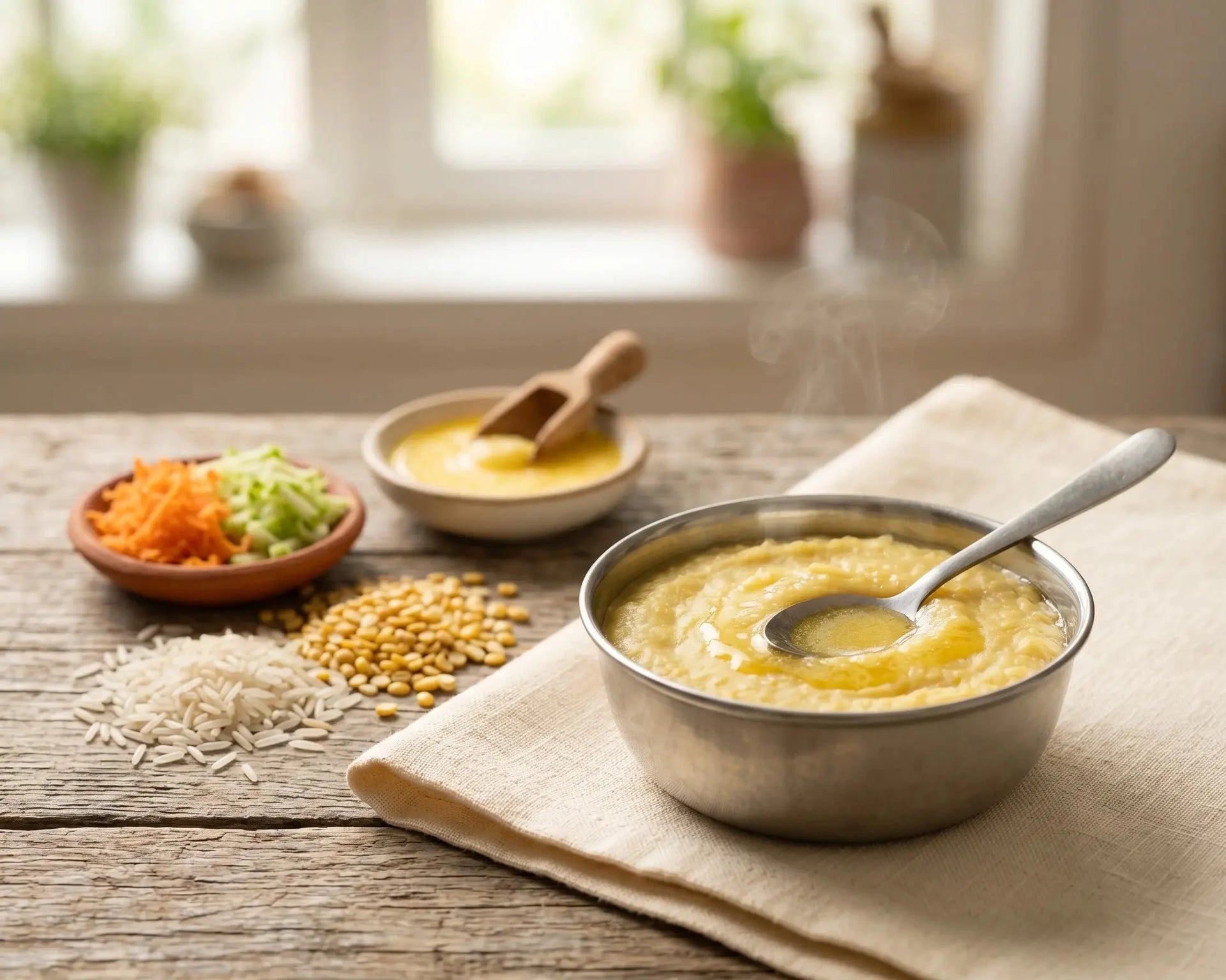 Ghee-enriched dal khichdi — a calorie-rich first meal for healthy weight gain (6–12 months)