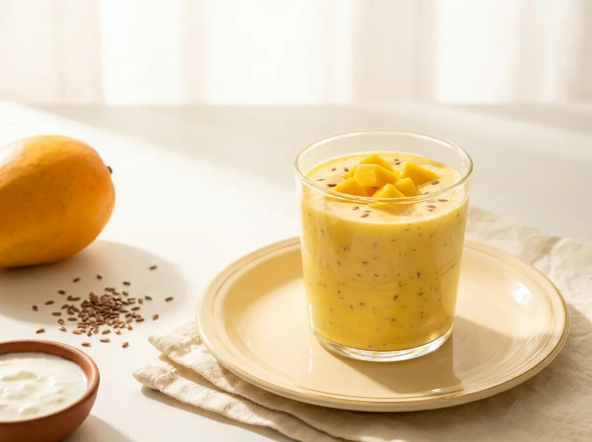 Mango-flax lassi — a sunshine-yellow smoothie hiding the brain's favourite plant fat (2–5 years)