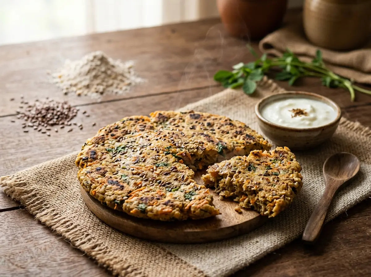 Flaxseed multigrain thalipeeth — a rustic omega-3 flatbread that hides a brain-boost in every bite (2–5 years)