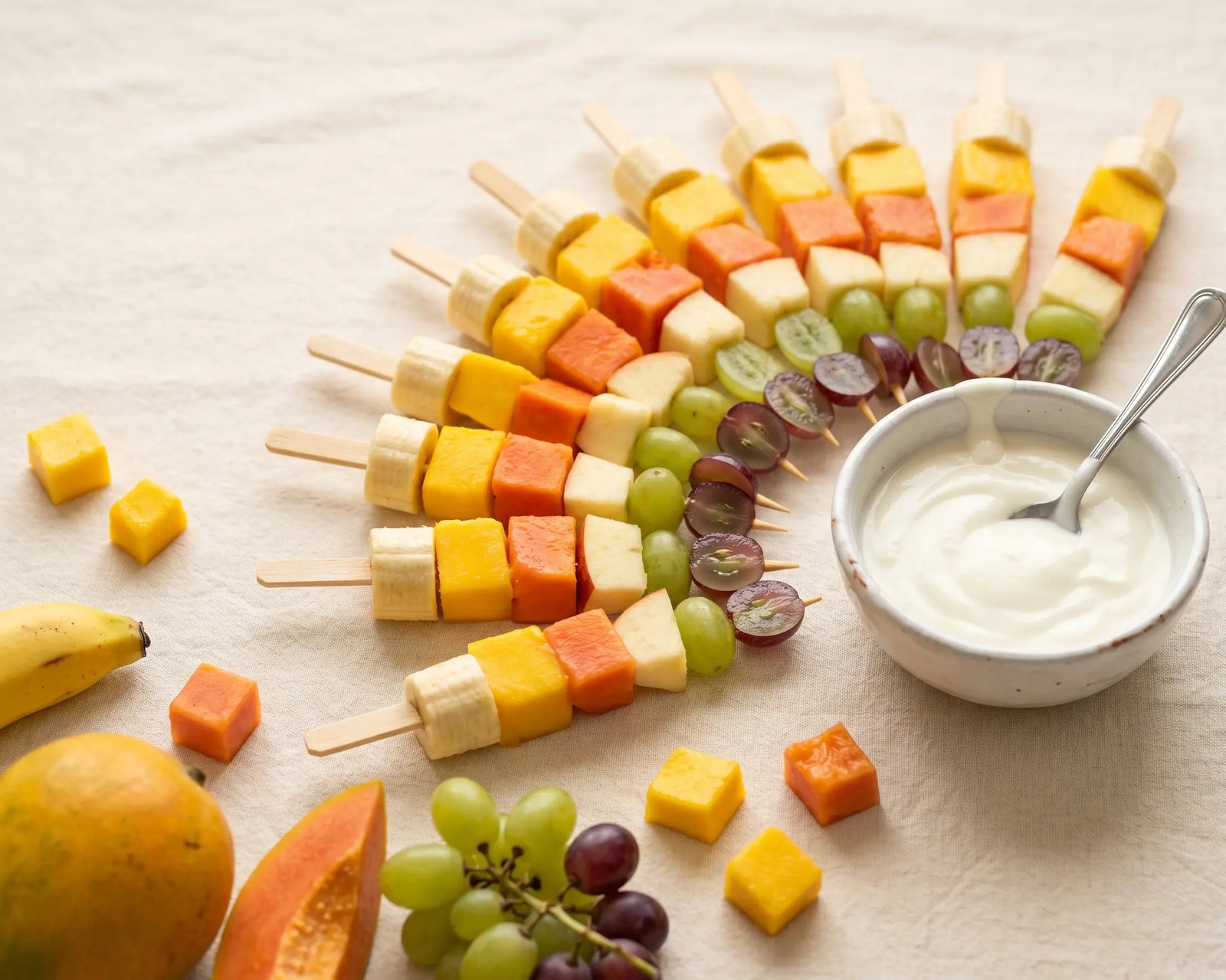 Soft fruit skewers with curd dip — the playful way in for “my child won't eat fruit” (2–5 years)