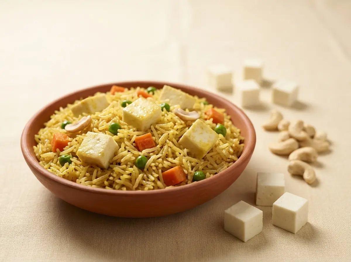 Ghee-cashew paneer pulao — a fragrant, calorie-rich rice for a child who needs to gain (2–5 years)