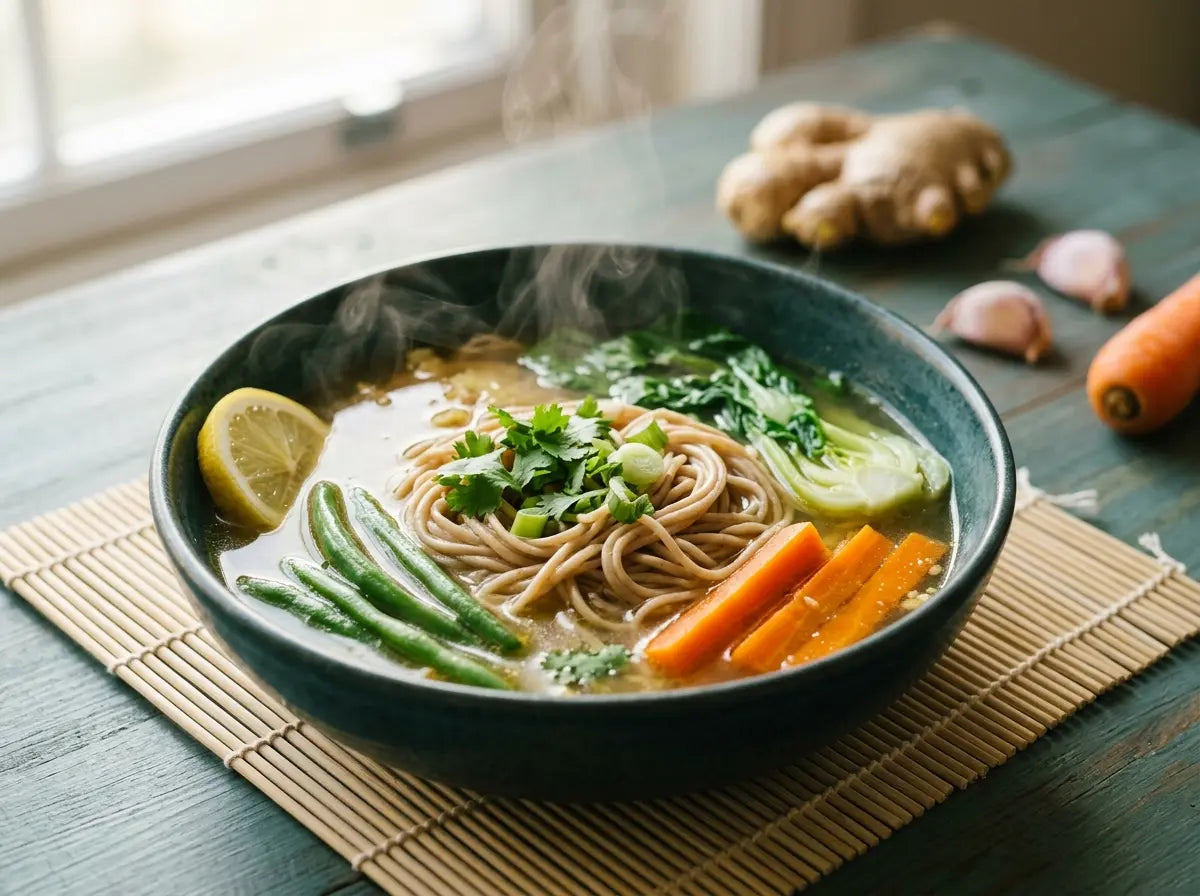 Ginger-garlic noodle bowl — a slurpable dinner built on the two roots grandmothers reach for first (2–5 years)