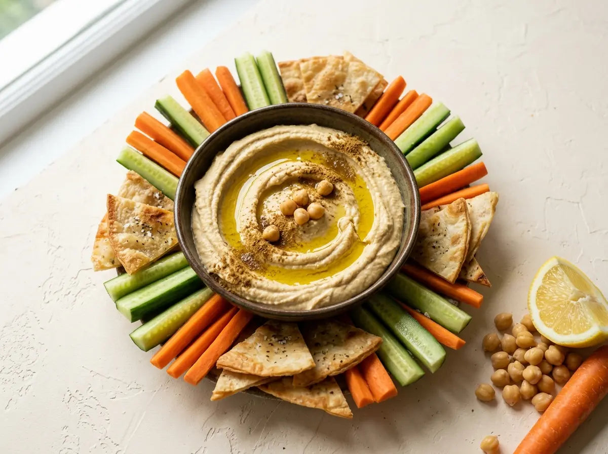 Hummus with veg sticks & roti chips — a dip that gets a picky eater dunking vegetables (2–5 years)