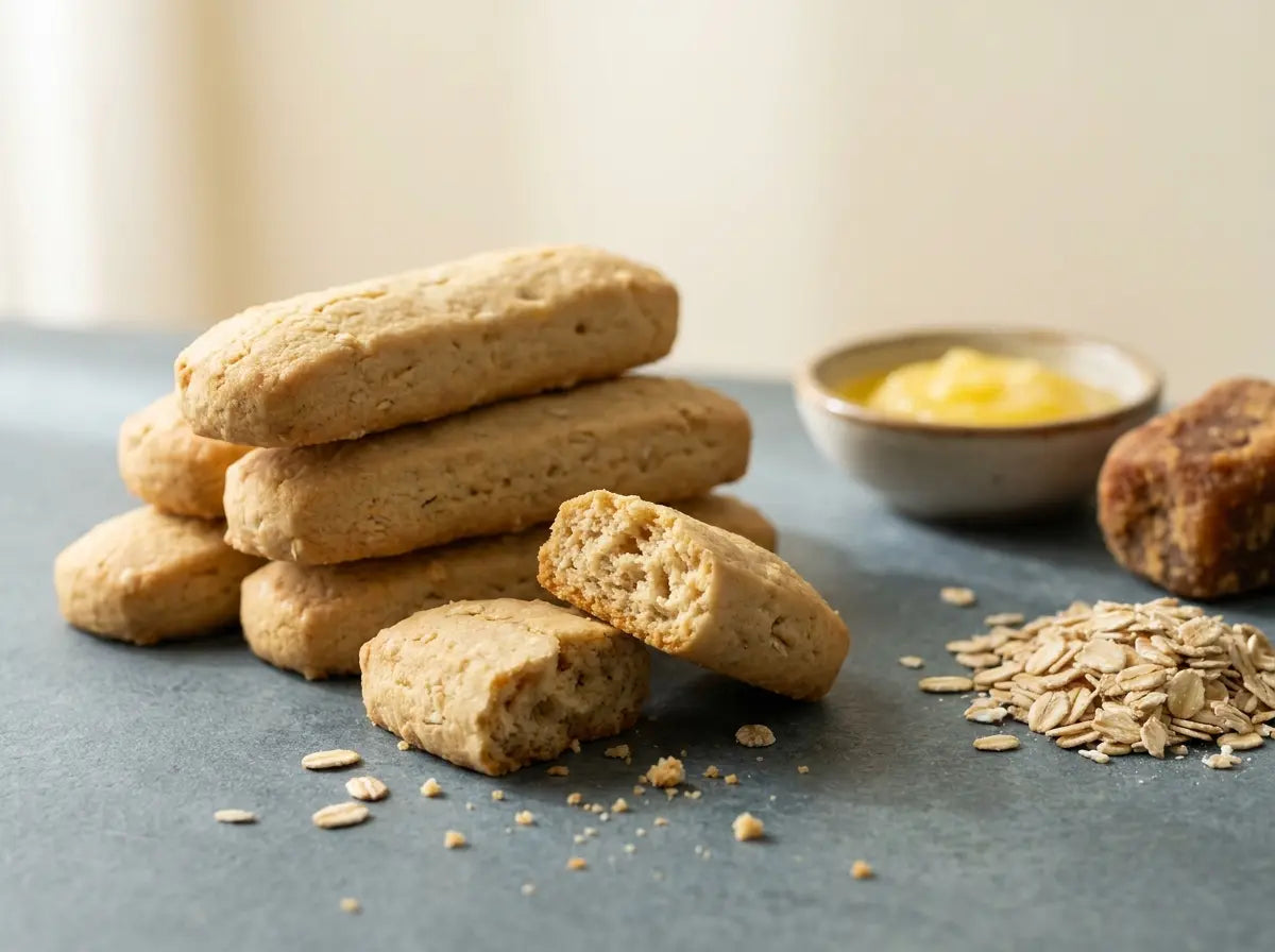 Jaggery, oat & ghee teething biscuits — the homemade swap for the packaged-biscuit lover (1–2 years)