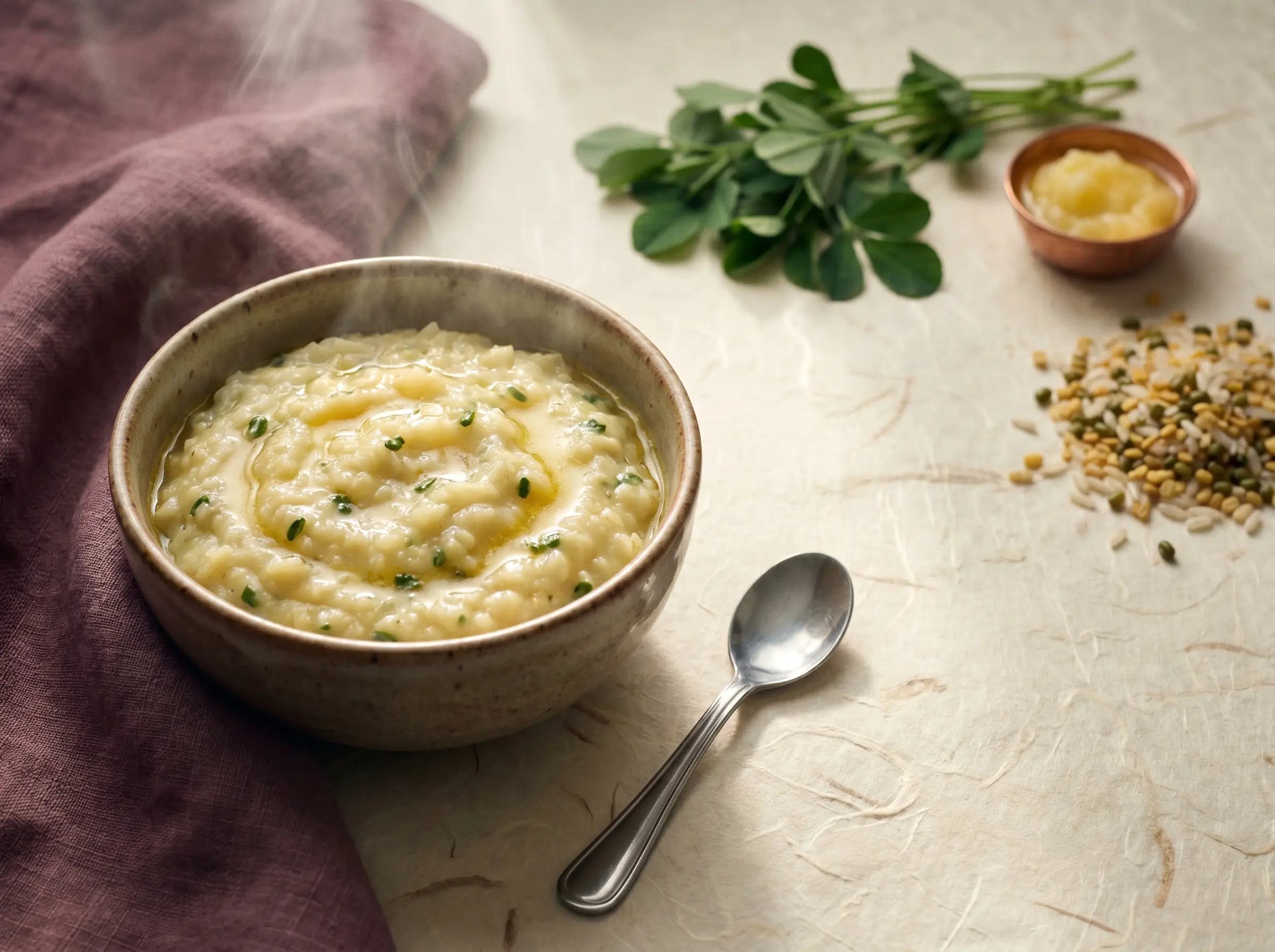 Methi & moong khichdi — a gentle iron-and-folate first lunch for brain growth (6–12 months)