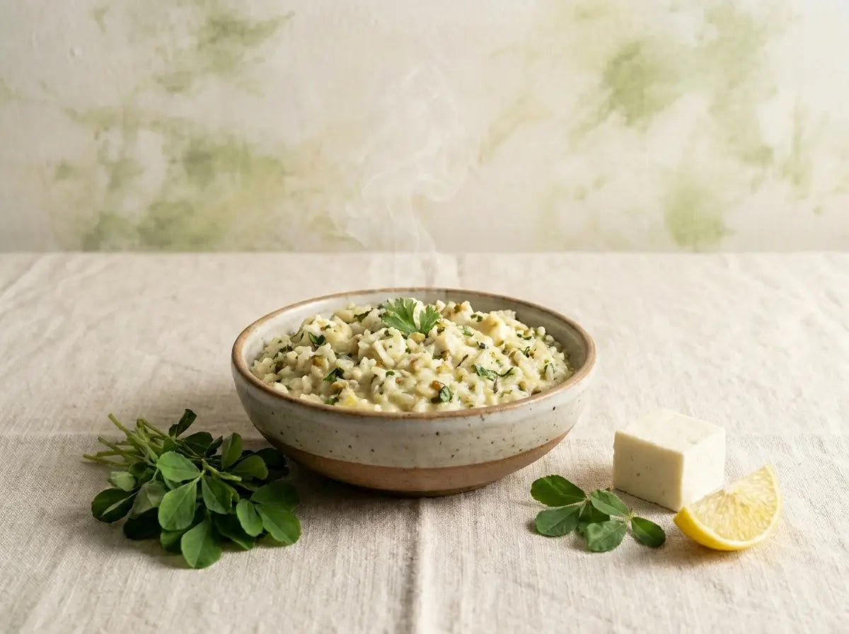 Methi & paneer soft rice — calcium and iron in a mild, creamy bowl (1–2 years)