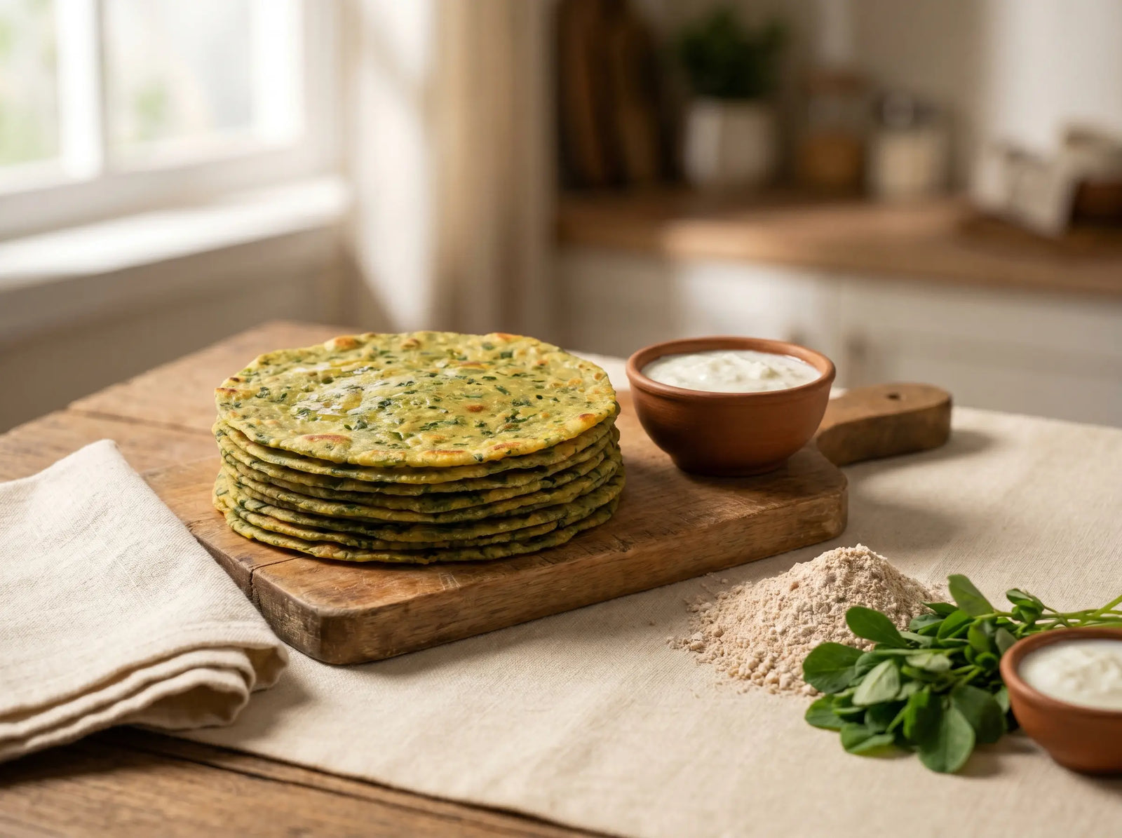 Methi thepla with curd — a calcium-and-iron lunch that travels well (2–5 years)
