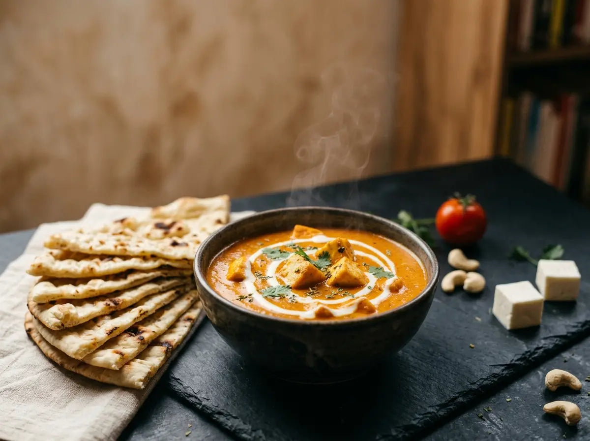 Mild butter-paneer with soft naan fingers — the 'restaurant dinner' that turns a picky eater into a fan (2–5 years)
