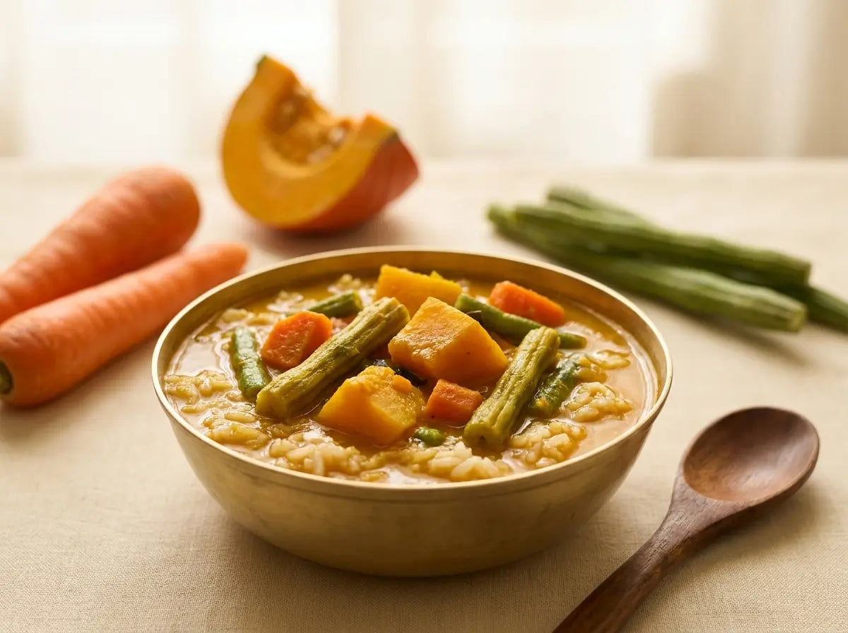 Rainbow vegetable sambhar with rice — a tangy South-Indian bowl bursting with colour and vitamin C (2–5 years)