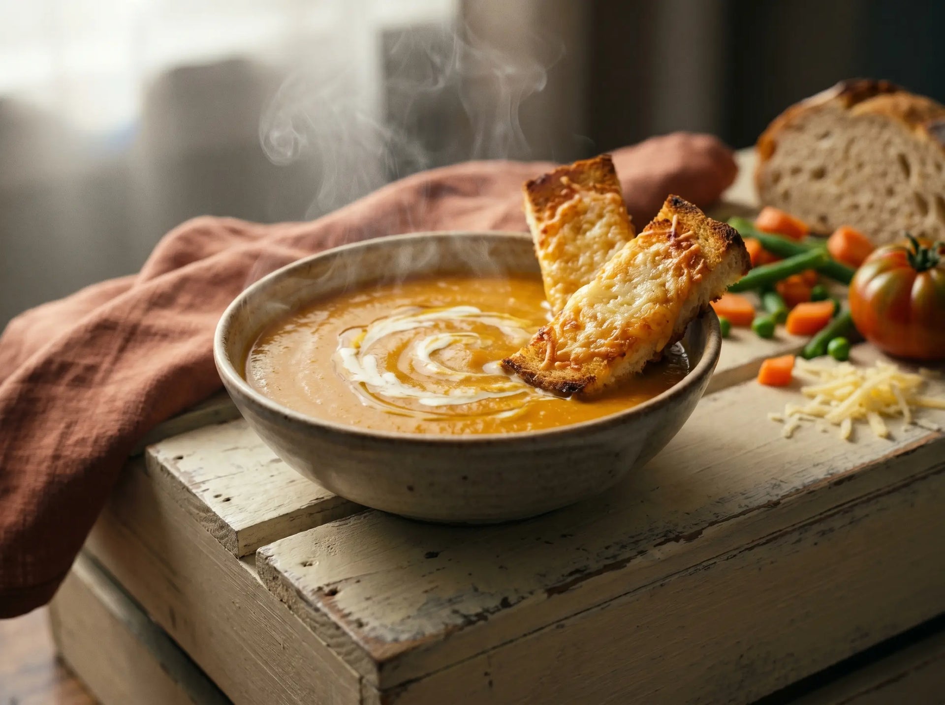 Creamy vegetable soup with cheese-toast soldiers — a dipping dinner picky eaters love (2–5 years)
