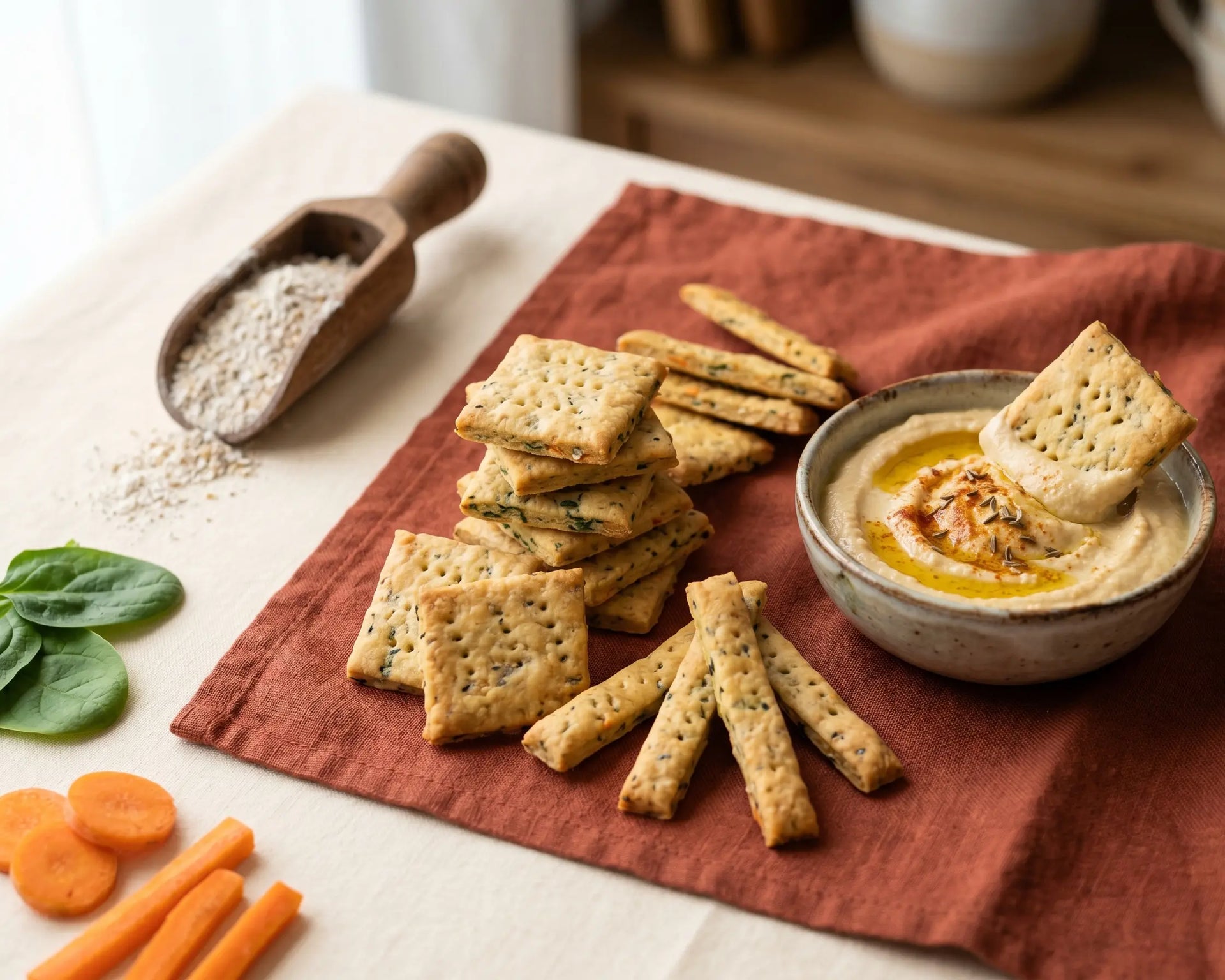 Multigrain veg baked crackers — crunchy dippers that beat a packet snack (2–5 years)