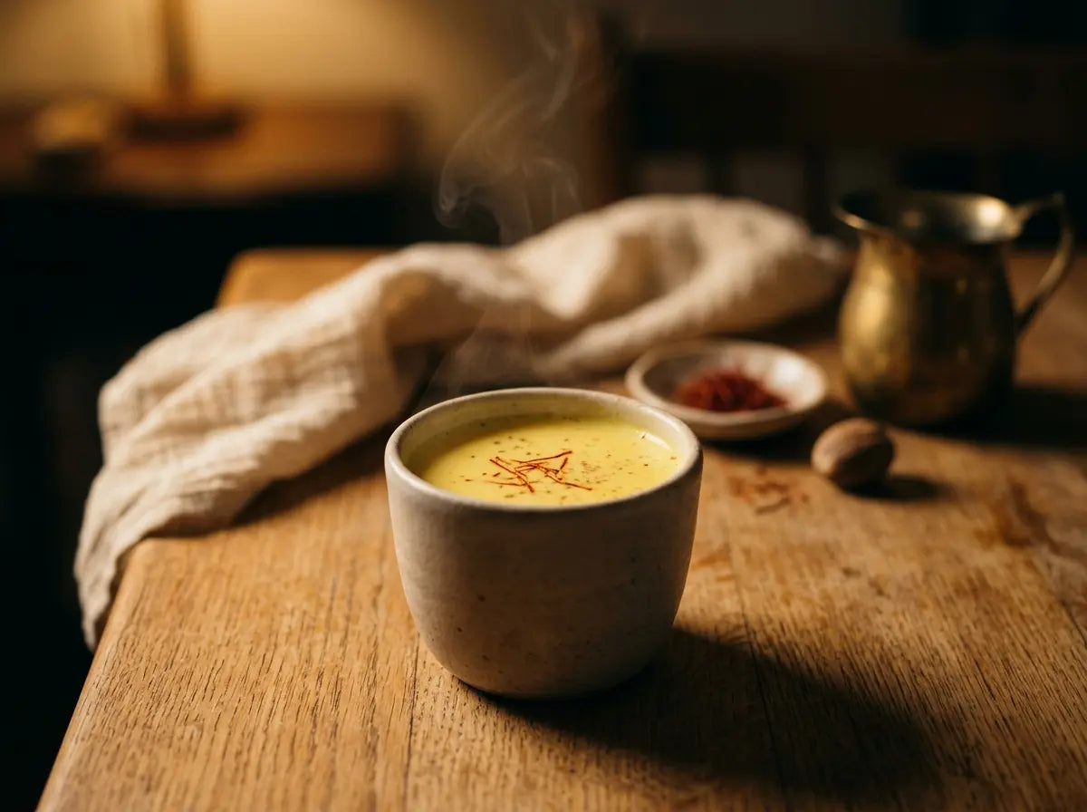 Jaiphal-kesar warm milk — the golden bedtime cup that gently slows a racing toddler down (2–5 years)