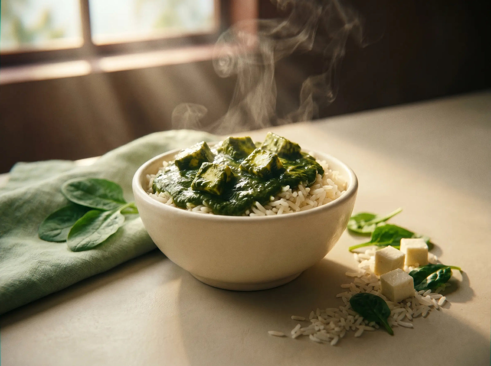 Palak paneer soft rice bowl — calcium and iron together in a creamy lunch (1–2 years)