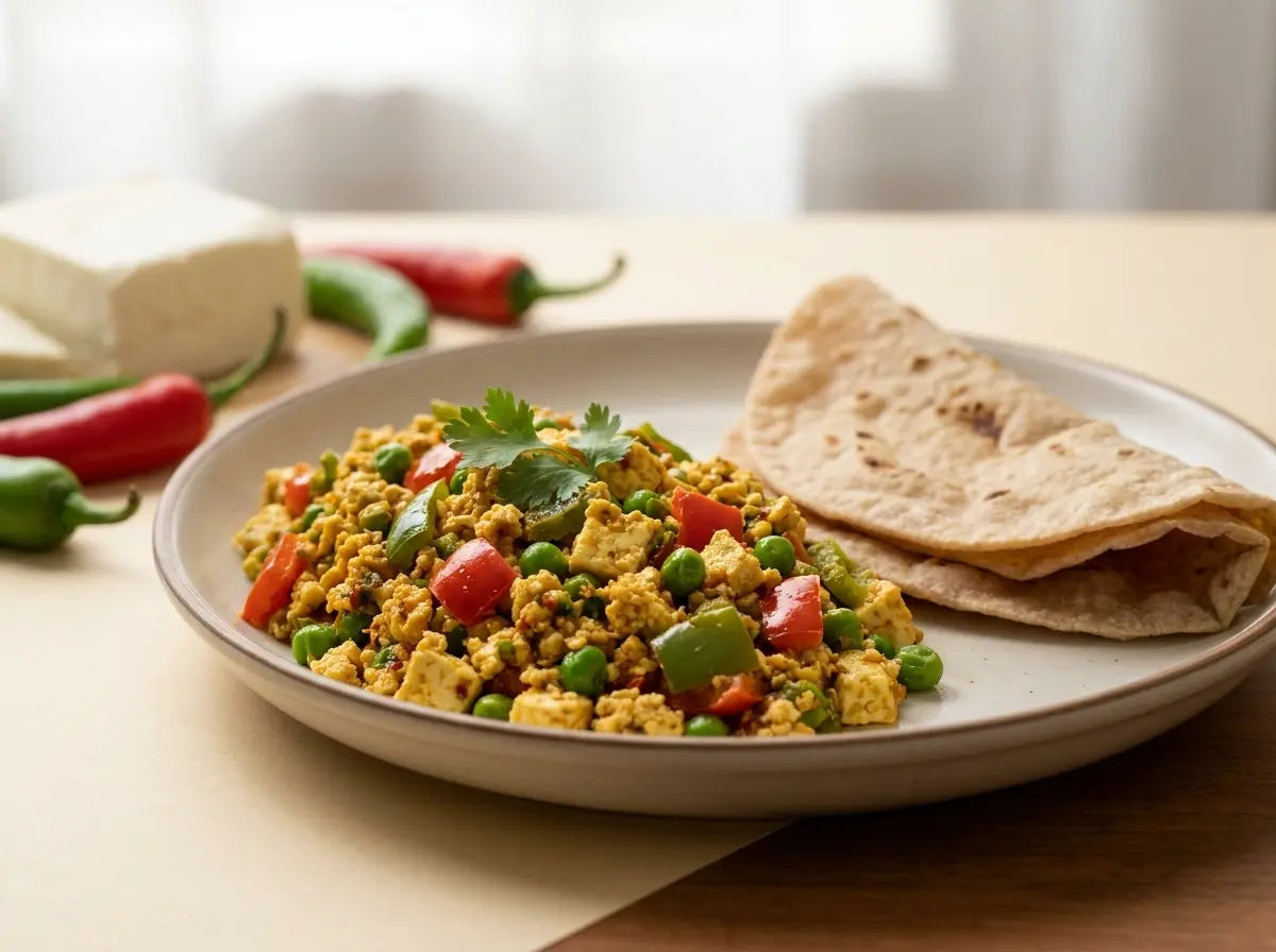 Soft paneer bhurji with roti — a protein-and-calcium scramble children scoop up (2–5 years)