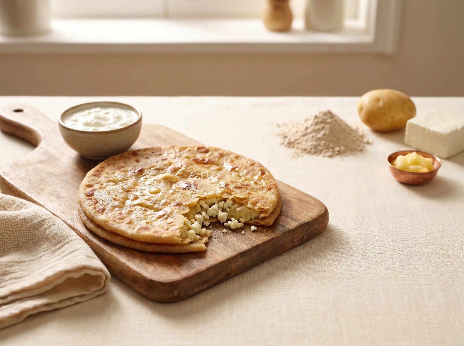 Paneer & potato paratha in ghee — a hand-held weight-gain lunch (2–5 years)