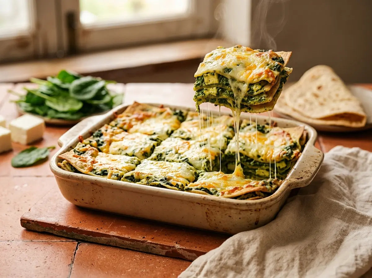 Paneer-spinach roti 'lasagna' — a stacked, cheesy green-and-white dinner that builds strong bones (2–5 years)