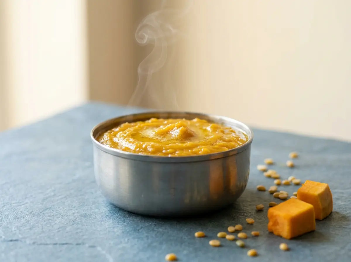 Pumpkin & moong soft mash — easing a new orange vegetable past the baby who refuses it (6–12 months)