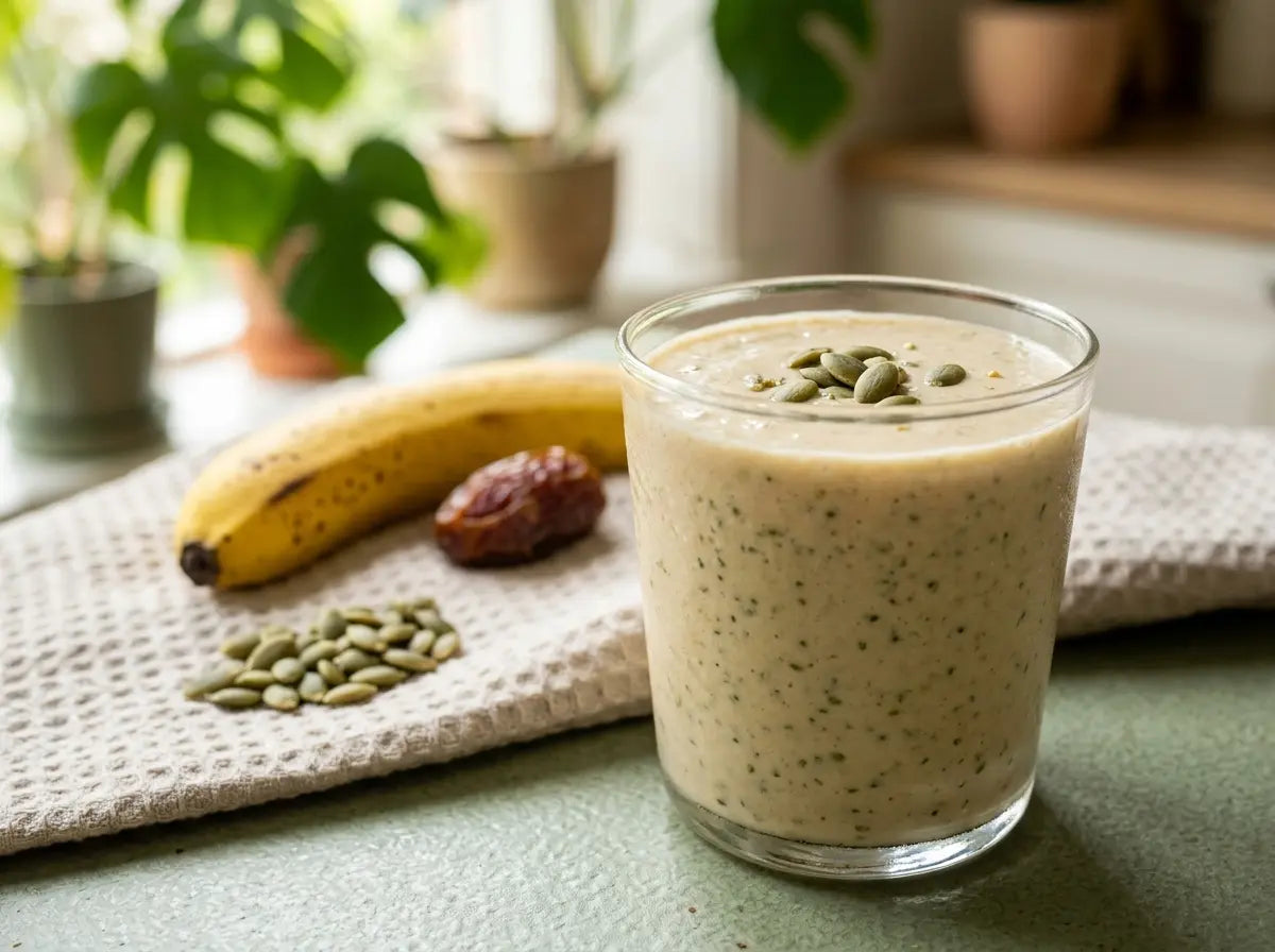 Pumpkin-seed banana smoothie — a creamy green-flecked cup of brain-and-focus minerals (2–5 years)