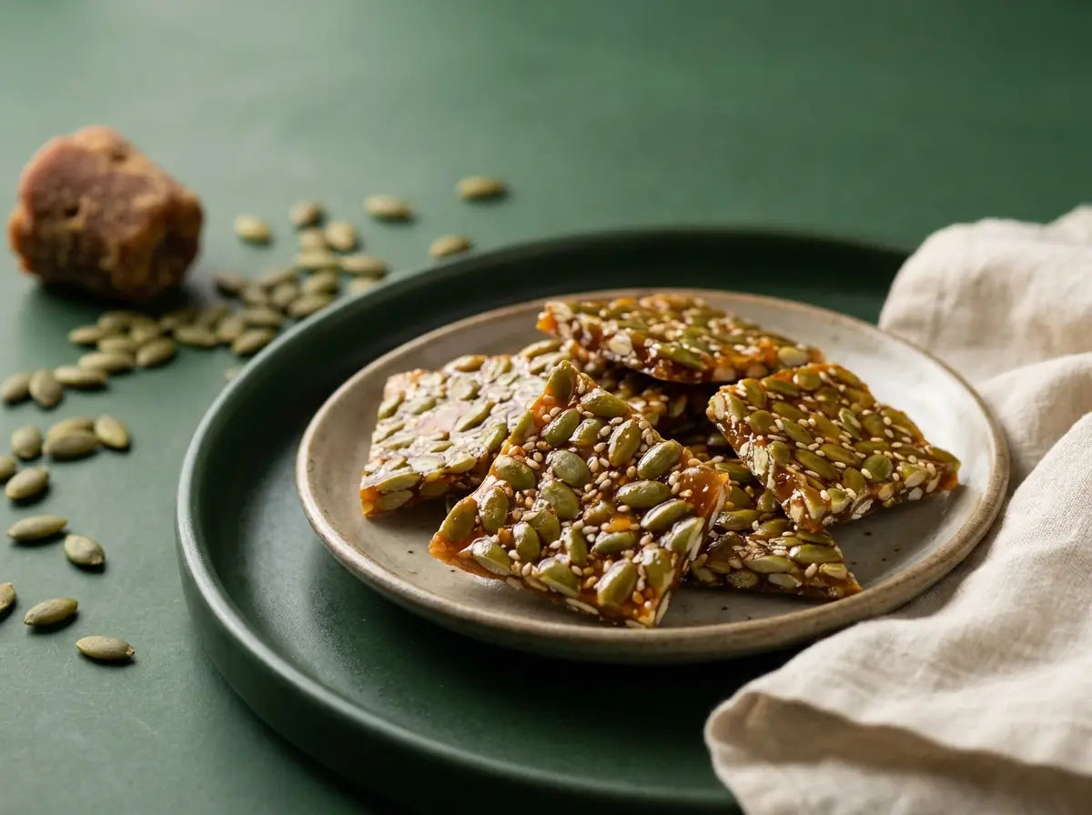 Pumpkin-seed jaggery chikki — a green-flecked crunch that turns brittle into brain food (2–5 years)