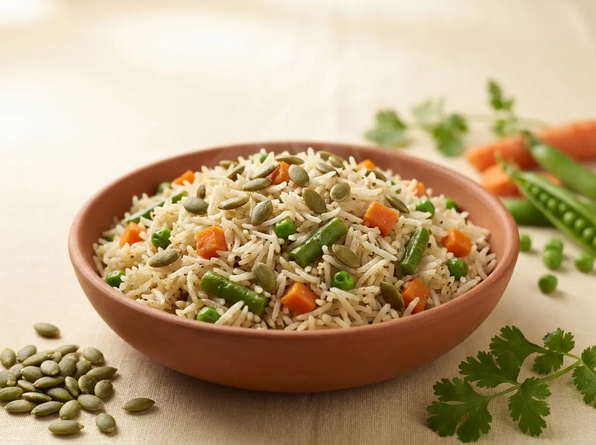 Pumpkin-seed vegetable pulao — a fragrant rice scattered with green brain seeds (2–5 years)