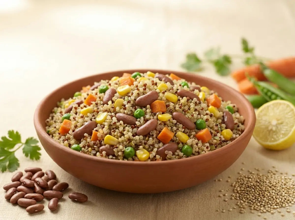 Quinoa-rajma rainbow bowl — a complete-protein brain bowl in happy colours (2–5 years)