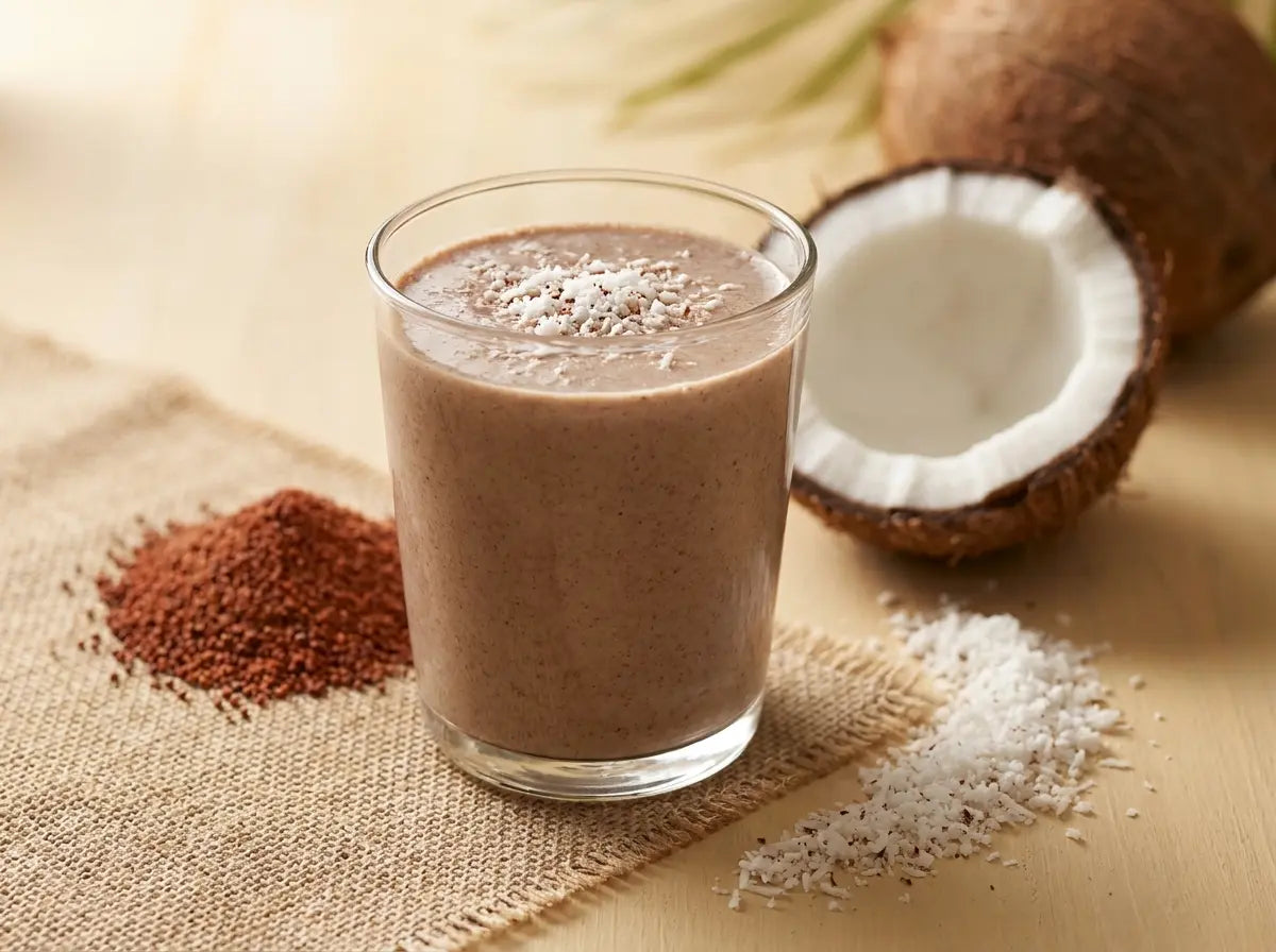 Ragi-coconut shake — a tropical, malty cup that quietly stacks calcium for bones (2–5 years)