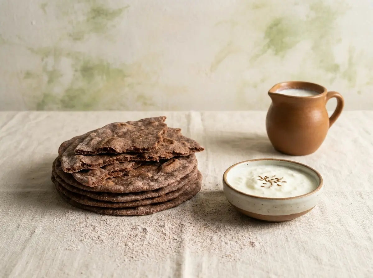 Soft ragi roti with curd — a double-calcium lunch for strong bones (1–2 years)