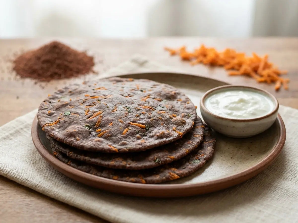 Soft ragi-vegetable roti with curd — a calcium double act on one little plate (2–5 years)