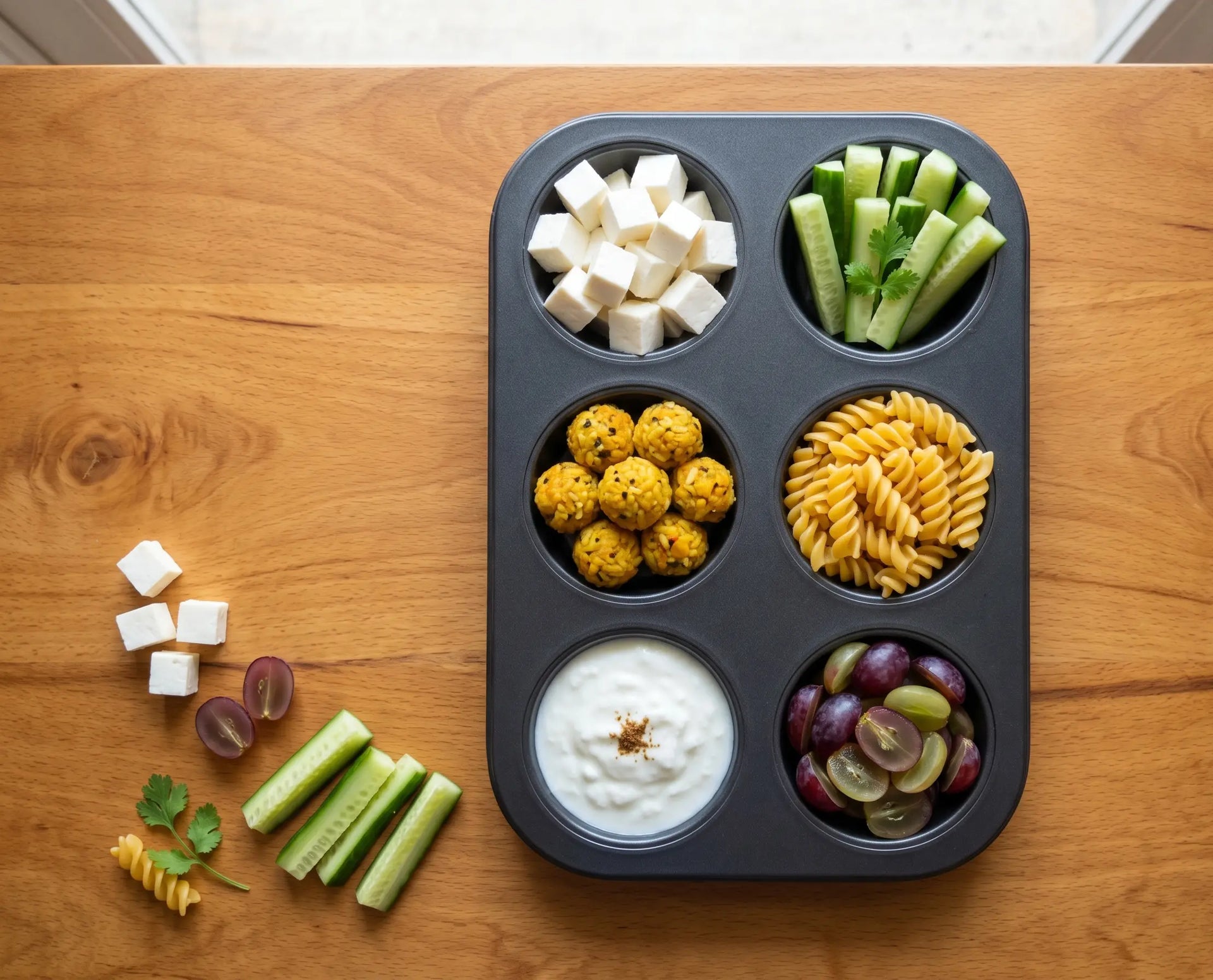 Rainbow muffin-tin tasting lunch — tiny portions that beat grazing and food refusal (2–5 years)